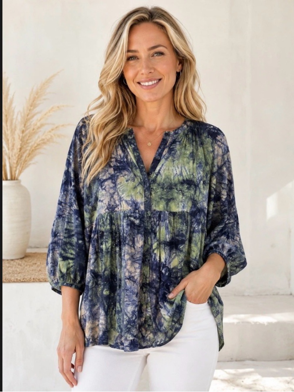 CAbi Woodstock Top Blue Green Tie Dye Linen Blend Babydoll Blouse size large